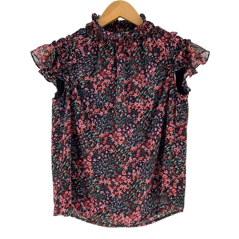 CeCe Top Size Small Ruffle Sleeve Collar Floral Print Short Sleeve